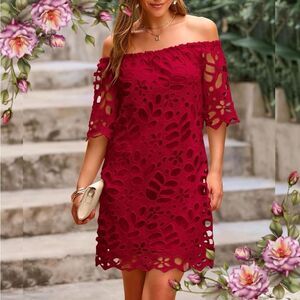 PRETTYGARDEN Womens Lace Flare Short Sleeve Loose Elegant Mini Dress